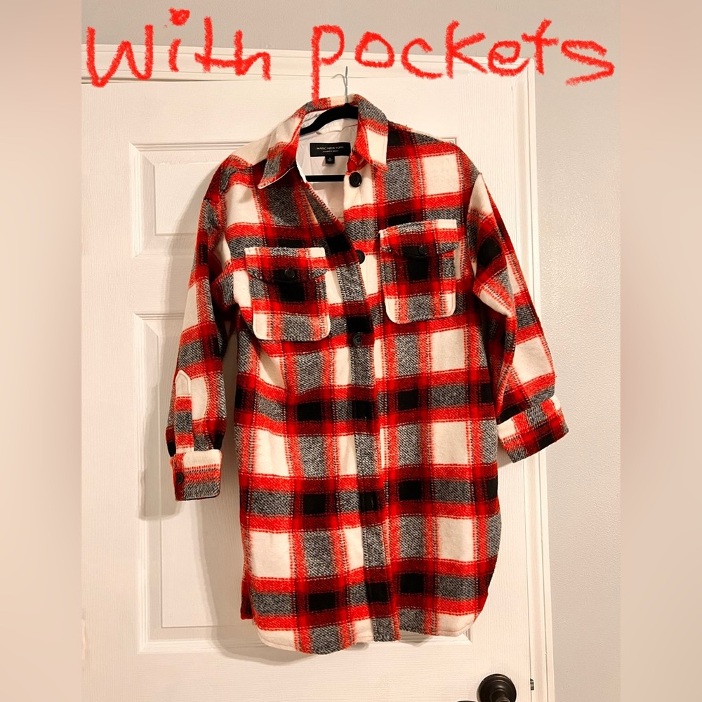 Flannel shacket with pockets.